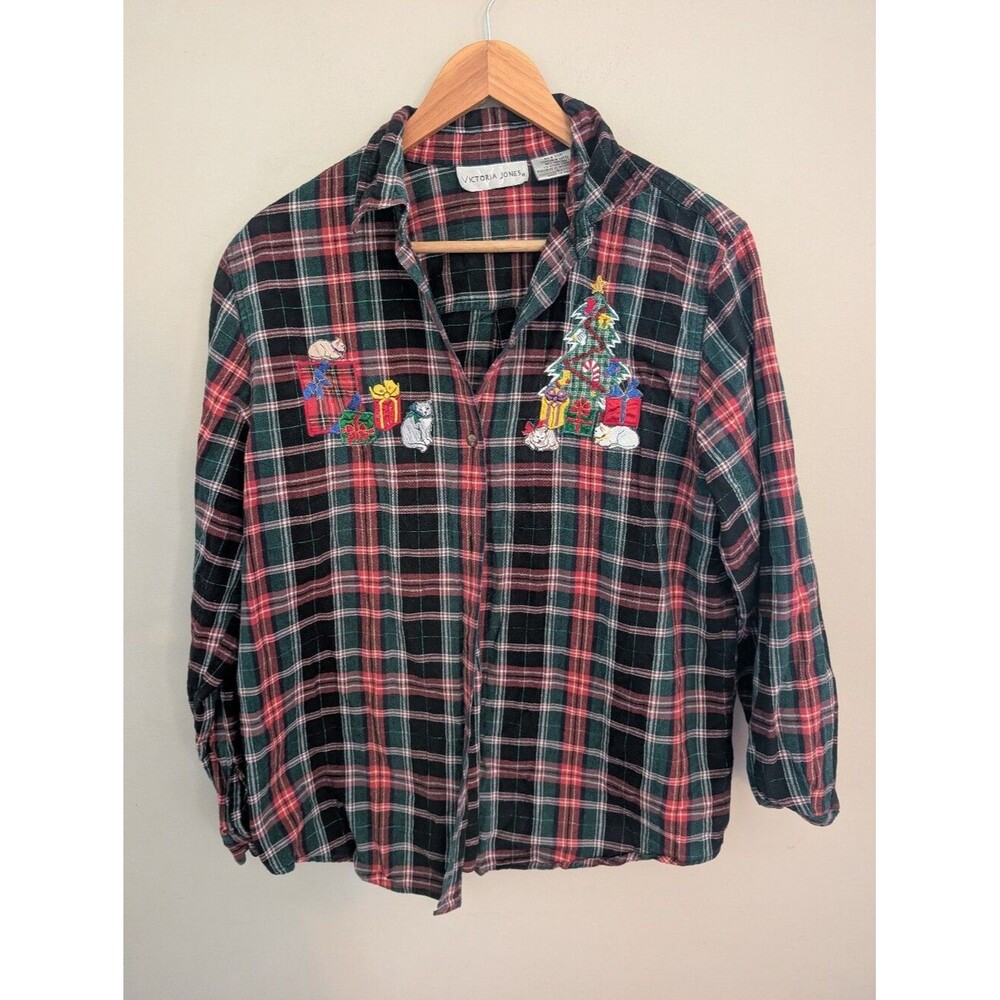 Victoria Jones Cat Plaid Red Christmas Button Down Shirt Size L Vintage